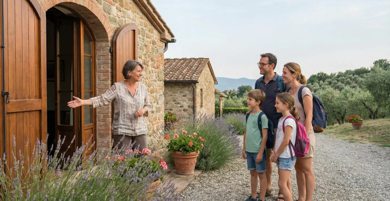Accueil personnalisé d'une famille de vacanciers devant une villa méditerranéenne sur la Côte d'Azur