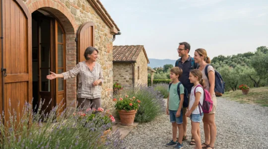 Accueil personnalisé d'une famille de vacanciers devant une villa méditerranéenne sur la Côte d'Azur