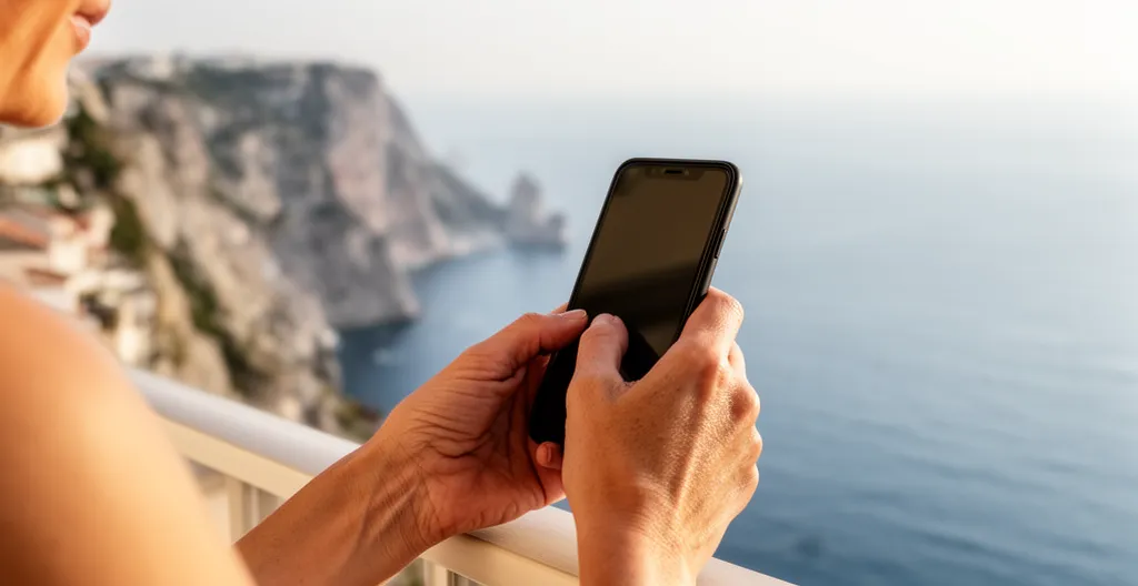 Vacancière consultant un message de confirmation de son service de conciergerie sur son balcon